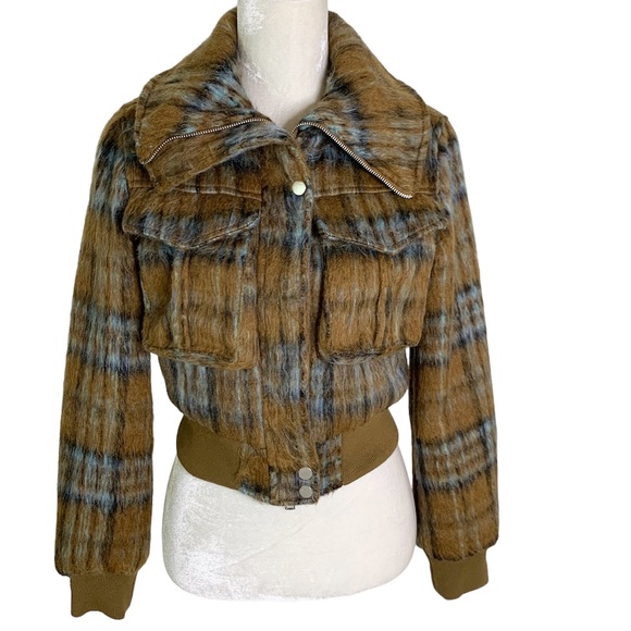 7 For All Mankind Jackets & Blazers - 7 For All Mankind Plaid Fuzzy Bomber Jacket Brown Blue Plaid Size XS NWT